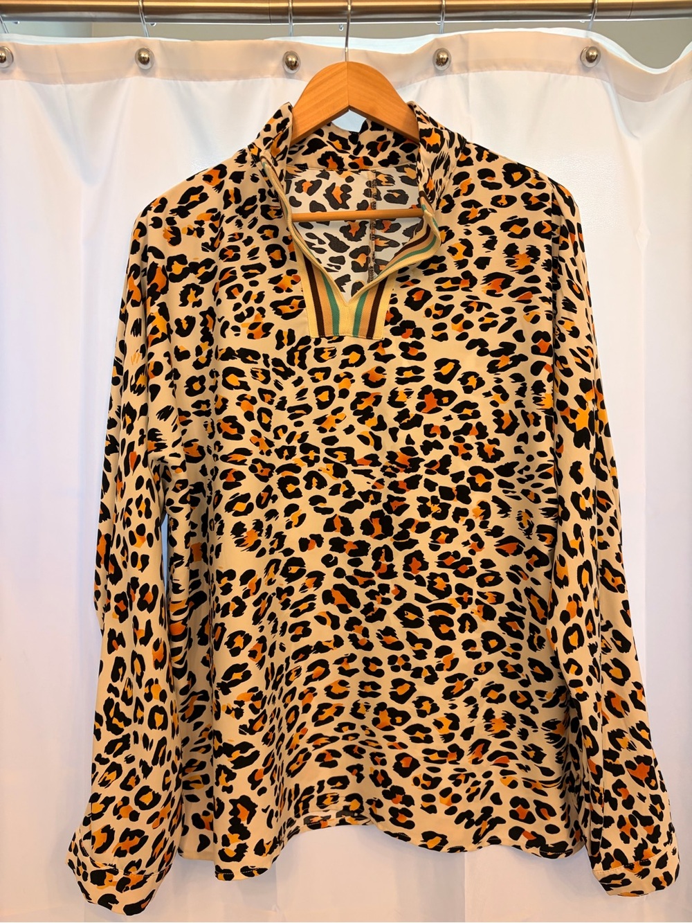 Leopard Print Long-Sleeve V-Neck Top - Beige/Tan